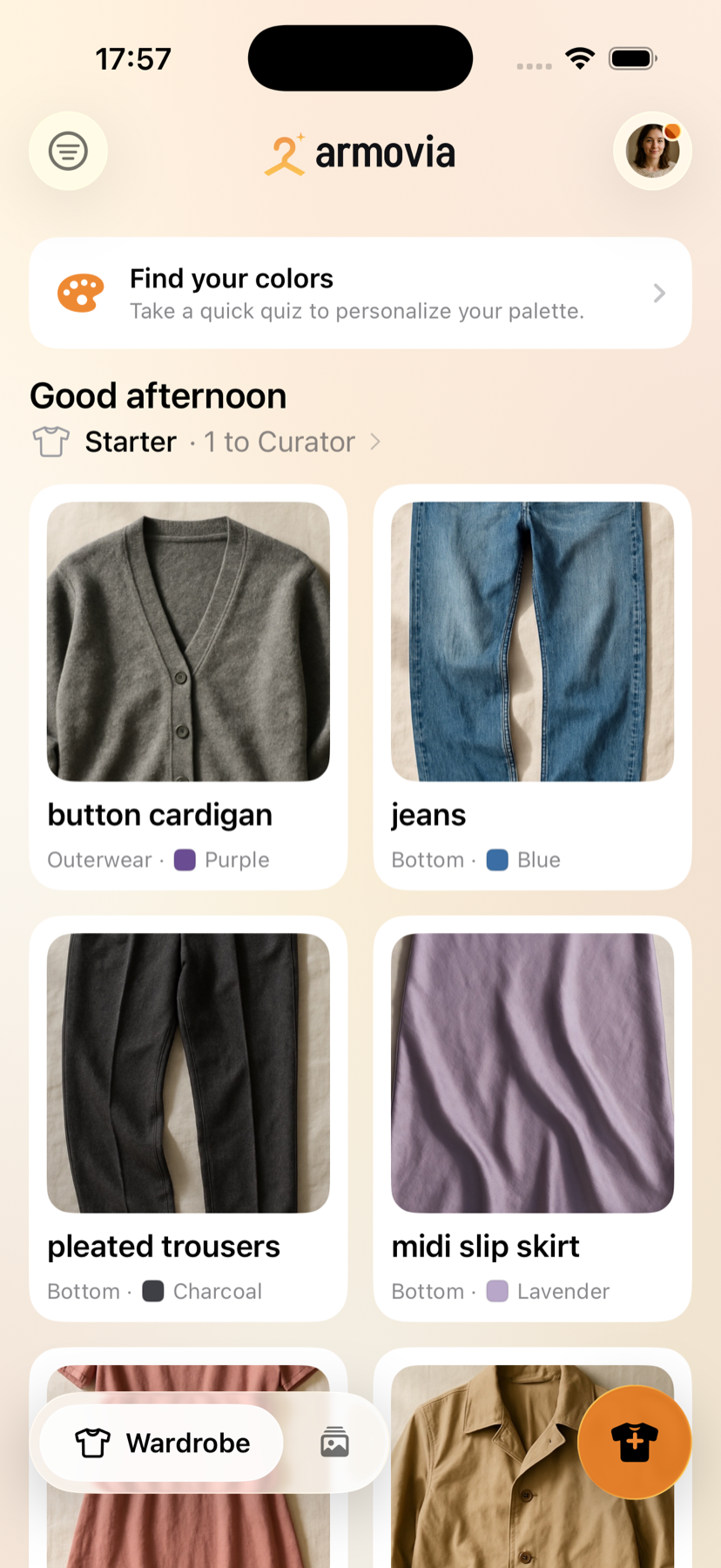 The Armovia home screen on iPhone: a personal greeting, wardrobe level, and a grid of freshly tagged clothes.