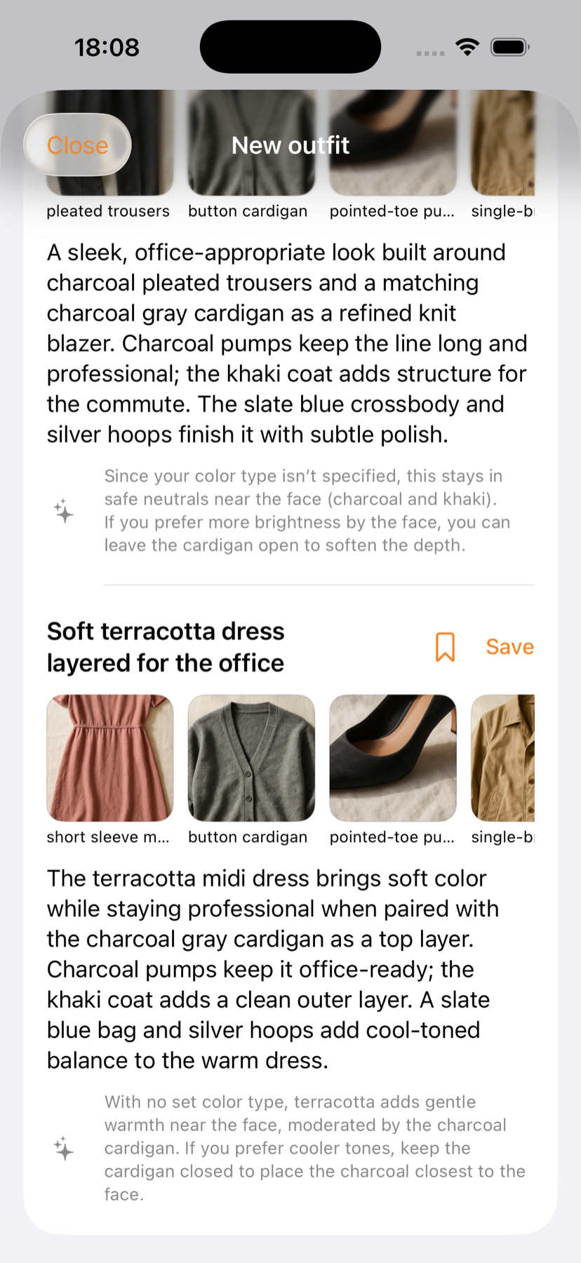 Two AI-assembled outfits in Armovia, each with item photos and a plain-language reason it works.