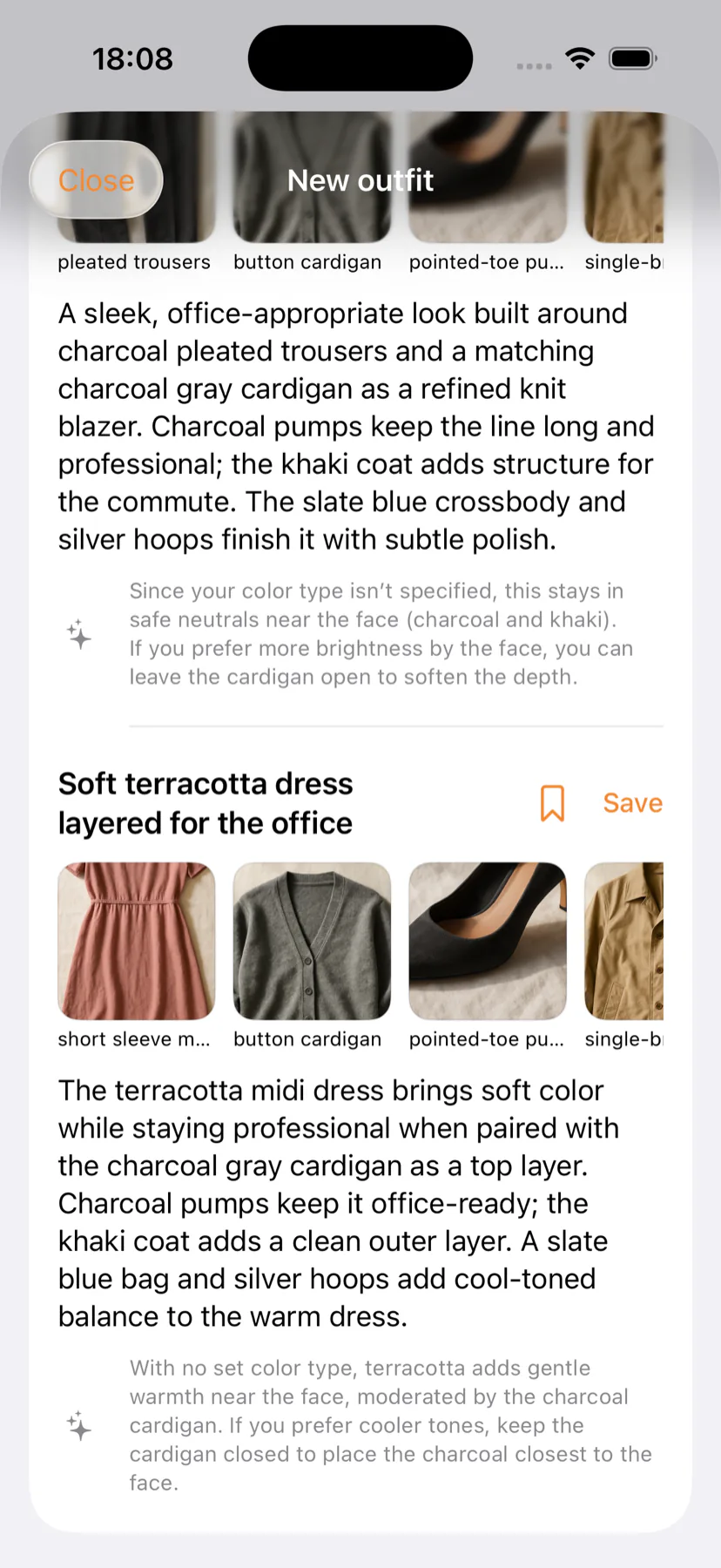 Two AI-assembled outfits in Armovia, each with item photos and a plain-language reason it works.